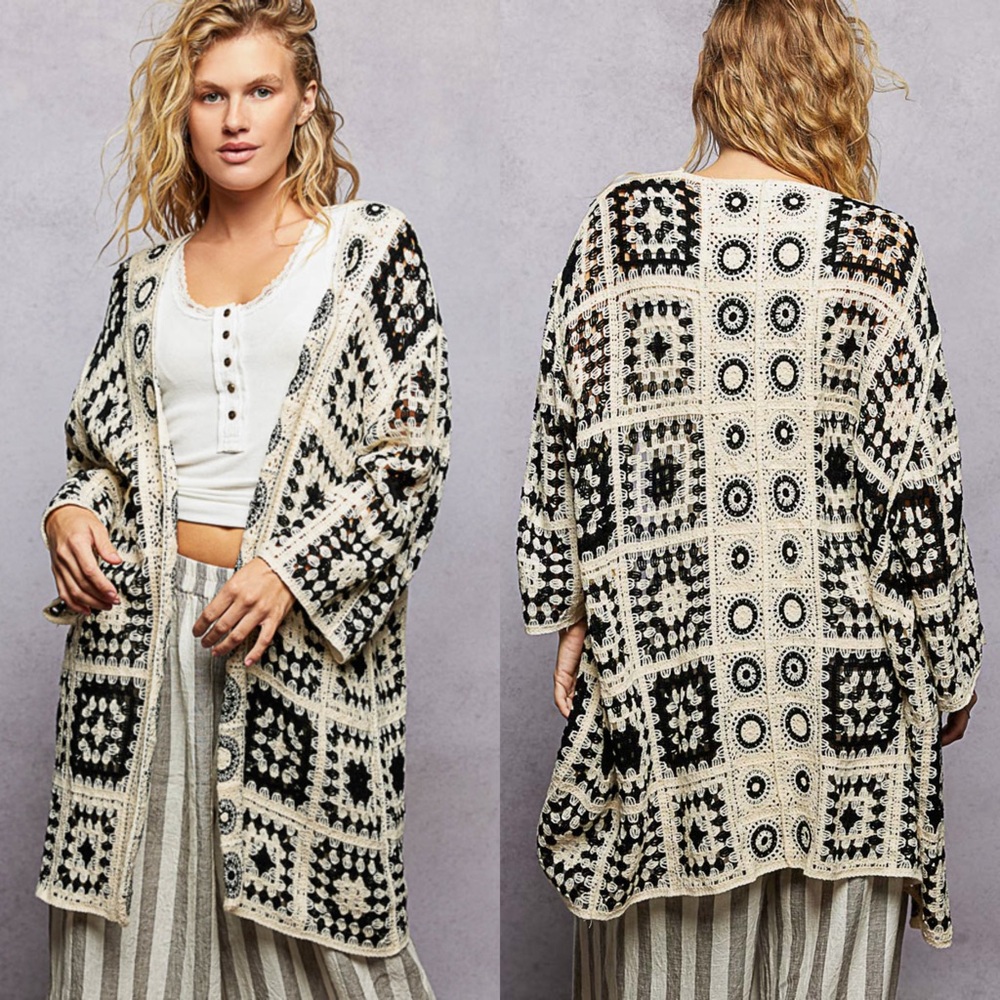 Crochet Open-Front Cardigan Sweater - Black & Cream